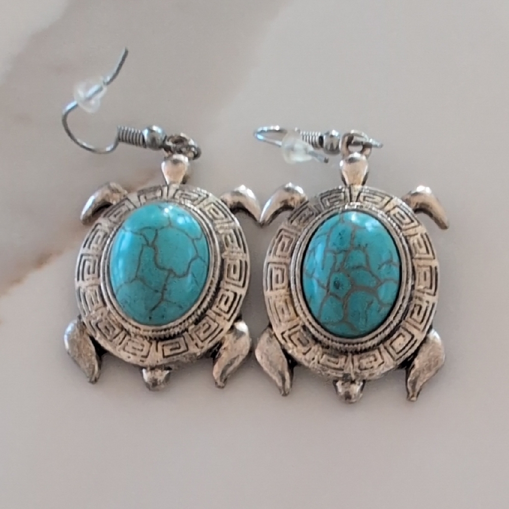 Silver Turtle Earrings with Turquoise Accents
